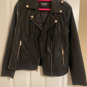 Guess Black Leather Jacket with Gold Accents